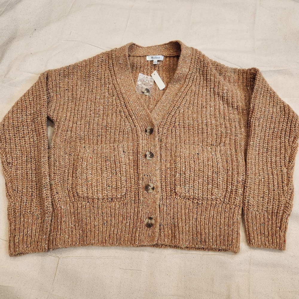 New Madewell Confetti Speckled V-Neck Cardigan Sweater Brown XXS Tan Wool Silk